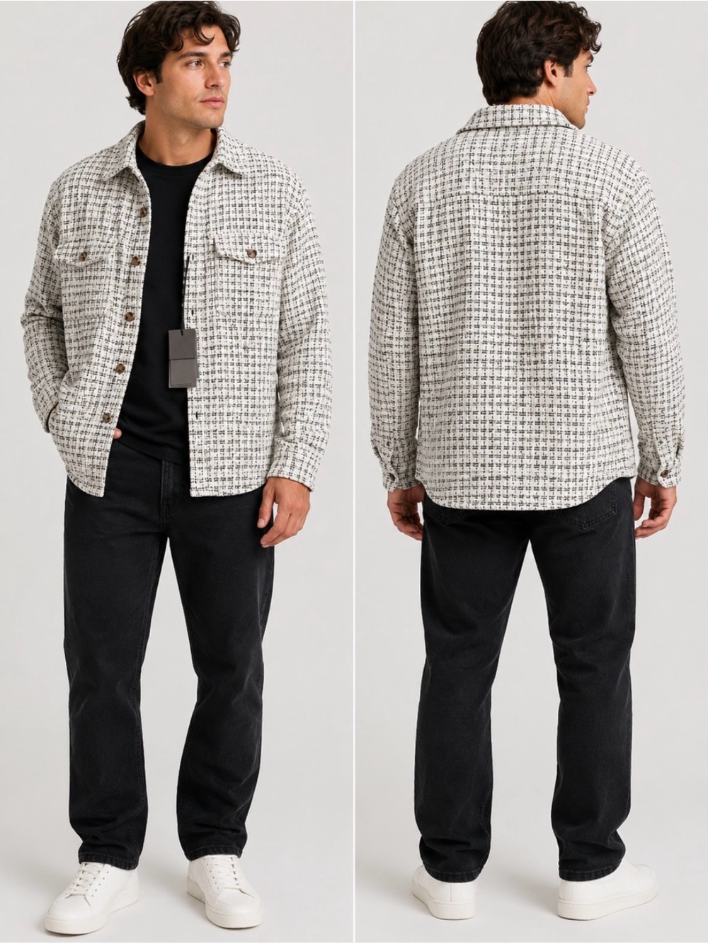 NWT Amongst Others Men’s S Tweed Shacket Black White Textured Overshirt - Picture 1 of 5
